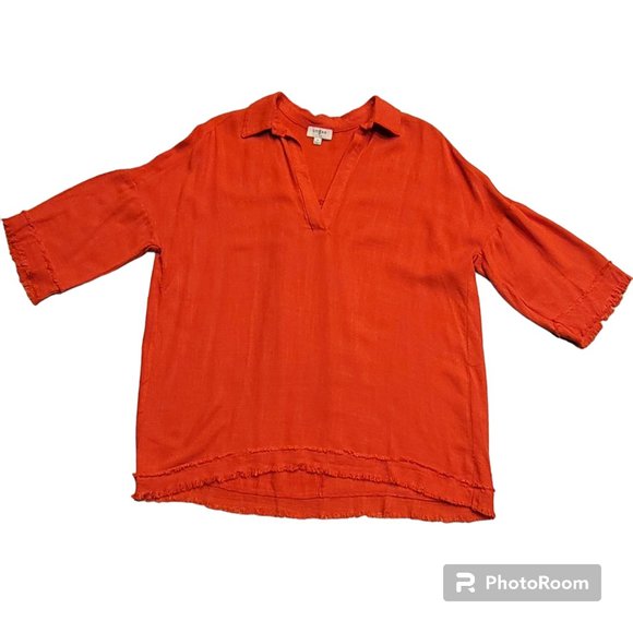 Umgee Tomato Red Linen Blend Over-Sized Boho Tunic with Frayed Hem - Picture 3 of 9
